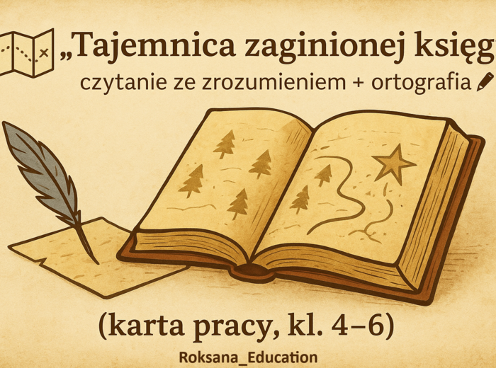 🗺️ „Tajemnica zaginionej księgi” – czytanie ze zrozumieniem + ortografia ✍️ (karta pracy, kl. 4–6)