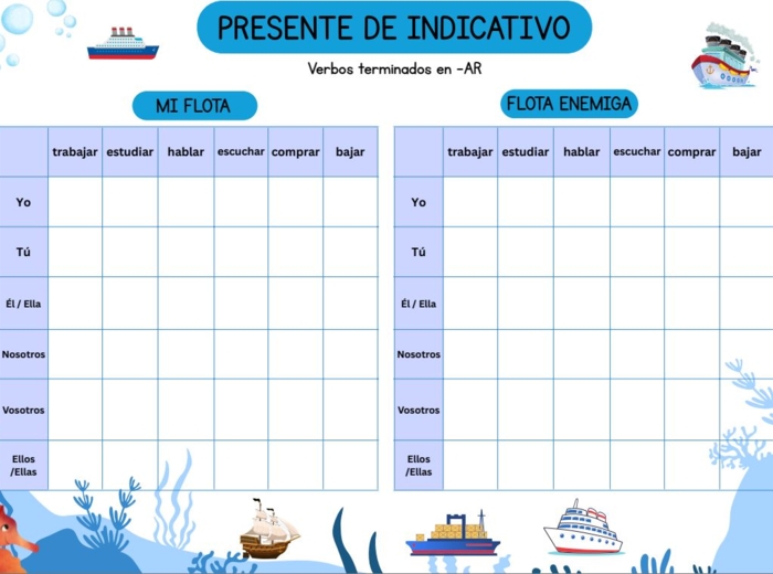 Gra w statki - plansze do gry z hiszpańskimi czasownikami (czas teraźniejszy)