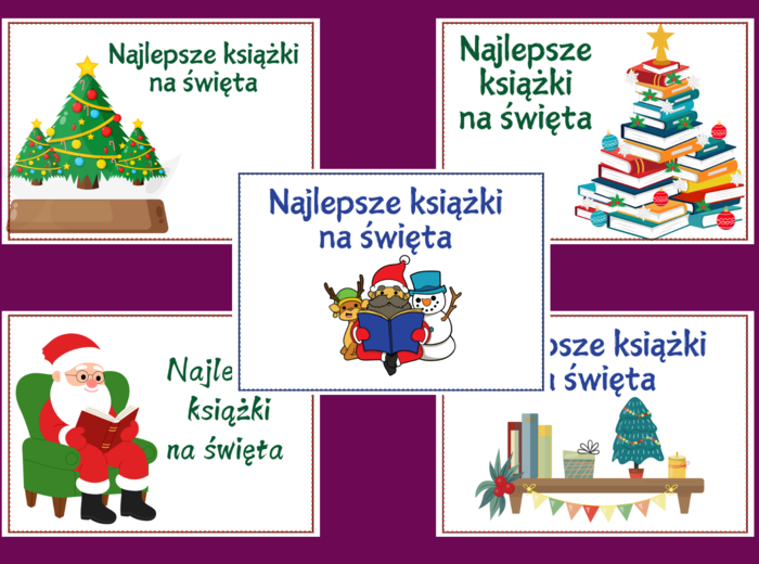 Najlepsze książki na święta – BIBLIOTEKA – Boże Narodzenie - gazetka- wystawka – napis – 10 wersji