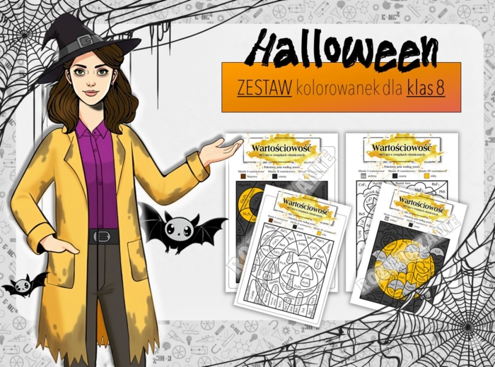 Klasa 8. Chemia. Określanie wartościowości metali w związkach chemicznych. Halloween. Chemiczna kolorowanka. ZESTAW. Karta pracy. Zadanie.