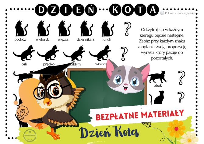 Dzień Kota na języku polskim. Łamigłówka. Kocia zagadka. Co będzie następne? Części mowy