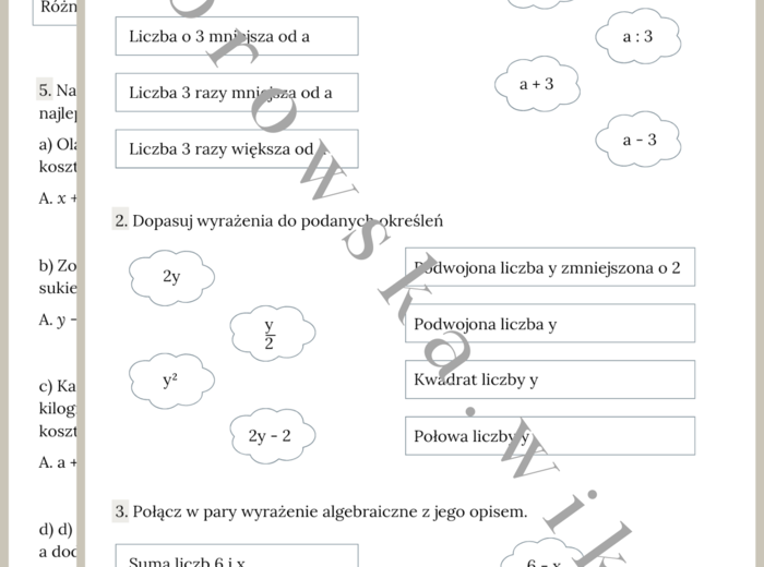 Zapisywanie wyrażeń algebraicznych - karta pracy