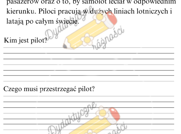 Czytanie ze zrozumieniem klasa 1. Pytania do tekstu. ZAWODY (kucharz, pilot, policjant, budowlaniec, piekarz, lekarz)
