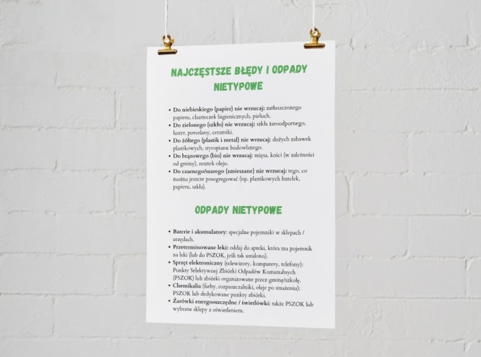 Plakaty edukacyjne. Cykl życia fasoli (etap 1: nasiono, etap 2: kiełek, etap 3: młoda roślina, etap 4: dorosła roślina). Jak segregować śmieci? Kolorowe kosze i co do nich wrzucamy? Najczęstsze błędy i odpady nietypowe.