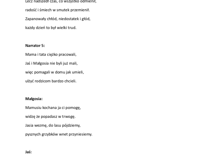 Jaś i Małgosia - scenariusz przedstawienia dla przedszkoli 4-5 i 5-6 lat oraz klas 1-3