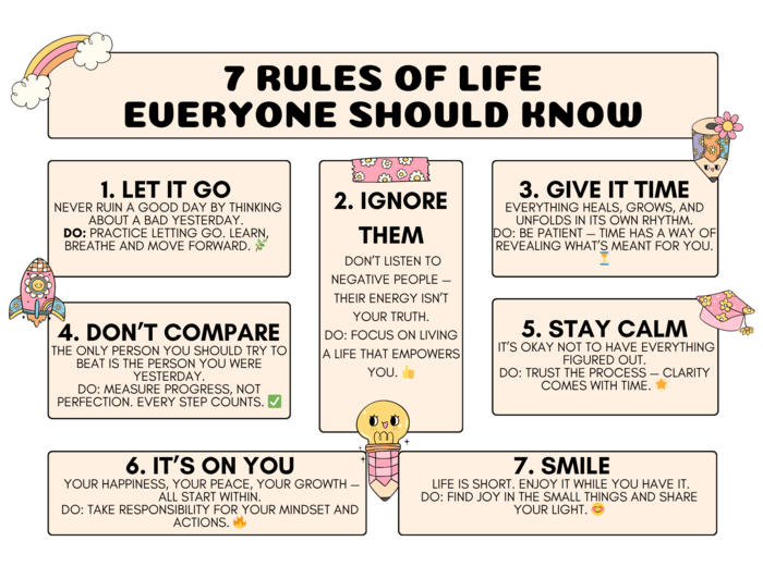 Plakat: 7 RULES OF LIFE EVERYONE SHOULD KNOW 7 Zasad Życia, które KAŻDY nauczyciel powinien znać