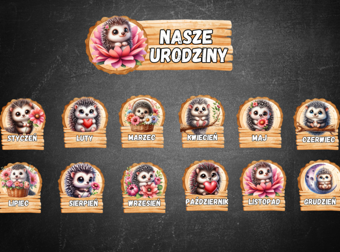 ZESTAW URODZINY JEŻE JEŻYKI KALENDARZ URODZIN