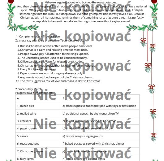 Karta pracy + czytanka "Christmas from the Other Side" B2+