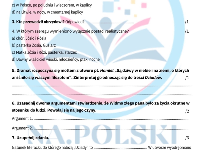 "Dziady cz. II" - sprawdzian podsumowujący