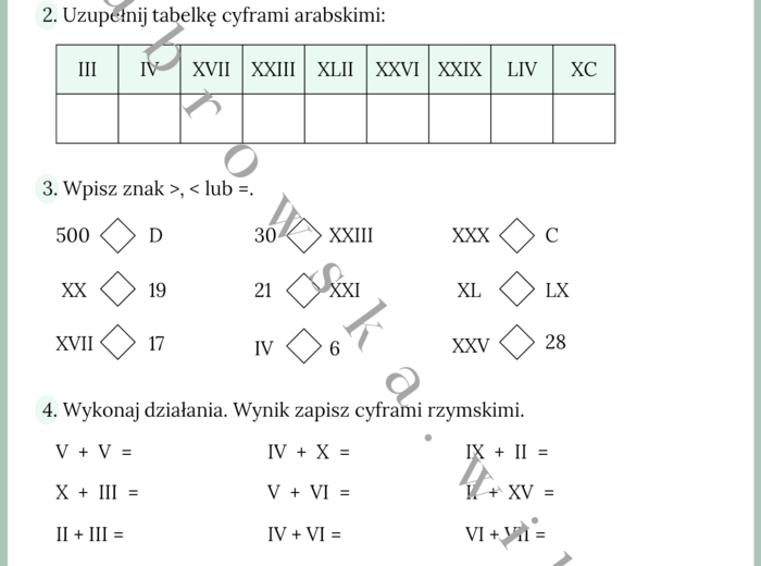 Liczby rzymskie - karta pracy