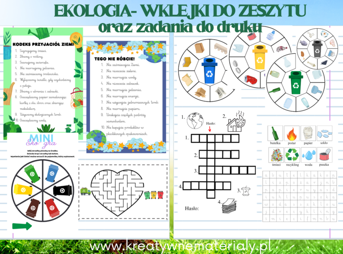 EKOLOGIA - DZIEŃ ZIEMI- wklejki o zeszytu, zadania do druku