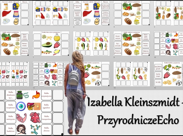 Notatka okienkowa/stacja zadaniowe/notatka interaktywna/notatka graficzna/karta pracy/sketchnotka „Pokarm – budulec i źródło energii”, „Znaczenie i źródła białek, tłuszczów i cukrów” w pdf. Biologia 7, dział „Układ pokarmowy”. Materiał wykonany na podsta