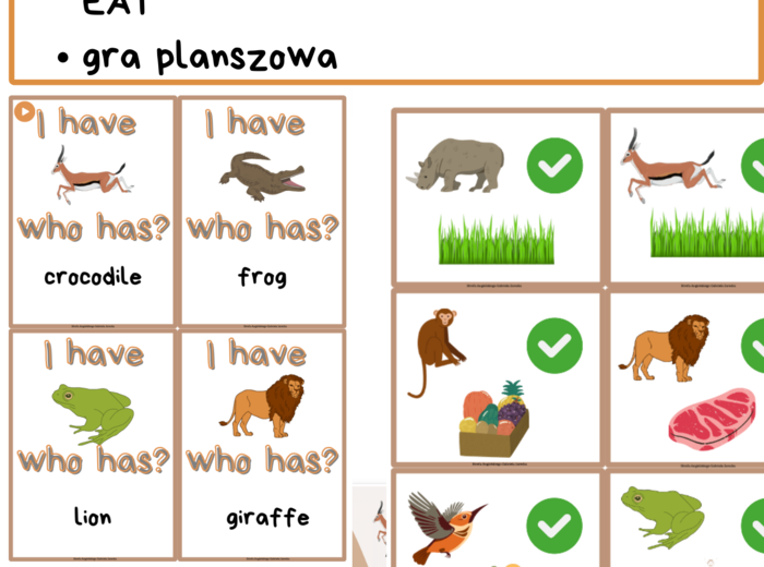 Gotowa lekcja - ANIMALS klasy 1-3, przygotowane z myślą o podręczniku NEW ENGLISH ADVENTURE 3 UNIT 7. Prezentacja słownictwa, karty do opisu co jedzą zwierzęta, gra planszowa, gra I HAVE WHO HAS