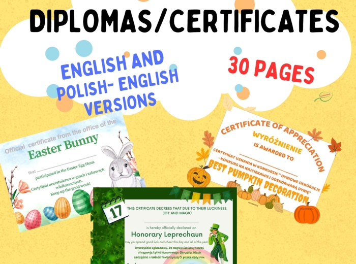 Dyplomy/ Certyfikaty Diplomas język angielski. Zestaw w 2 wersjach językowych, na różne okazje.