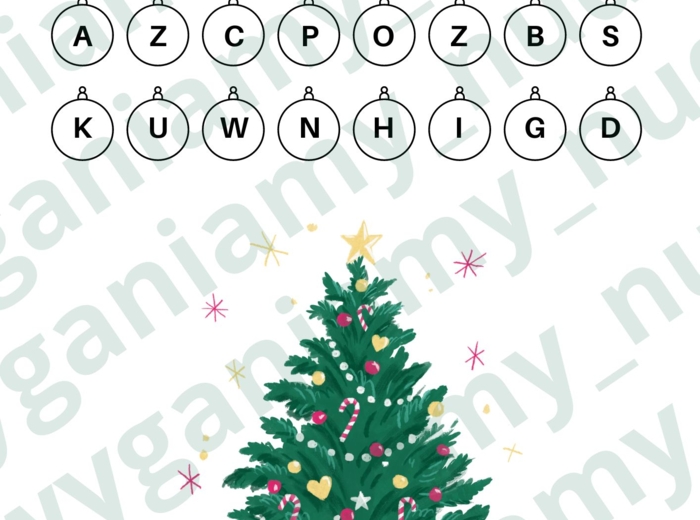 Kolorowe wyrazy - z jakich liter składa się wyraz. Pokoloruj bombki