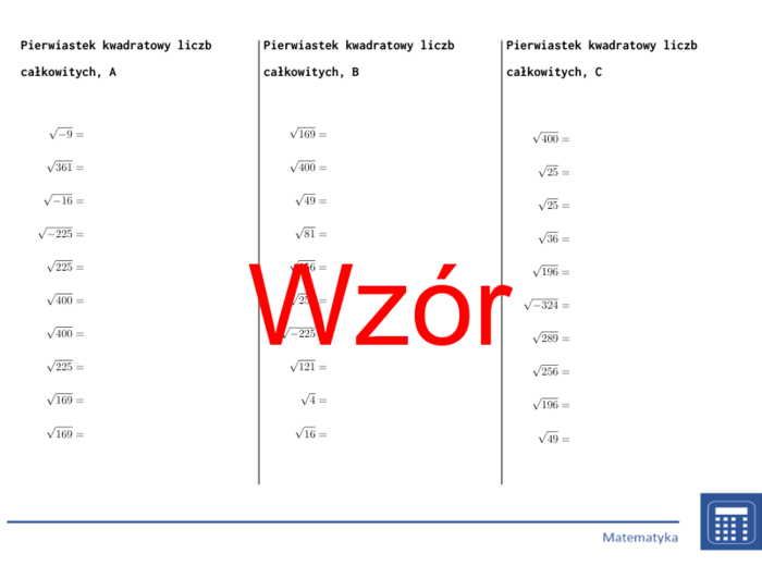 Pierwiastek kwadratowy liczb całkowitych | matematyka | 26 kolumn