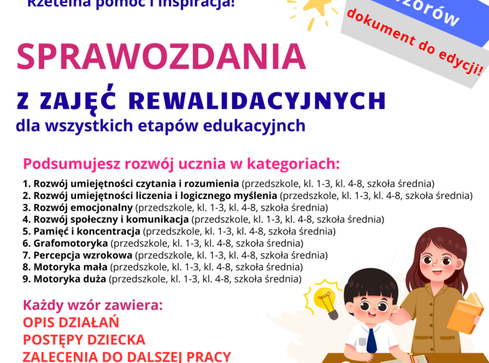 Sprawozdanie z zajęć rewalidacyjnych, 36 wzorów na każdy etap, podsumowanie rewalidacji, ocena ucznia
