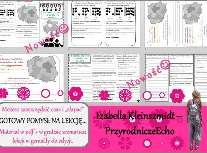 Pomysł na lekcję/karta pracy/stacje zadaniowe/ notatki/ materiał do lekcji do tematu „Rozmieszczenie ludności w Polsce.” w pdf. W gratisie niekomercyjny scenariusz lekcji/pomysł na lekcję w programie genial.ly do edycji. Geografia 7. Dział „Ludność i urb