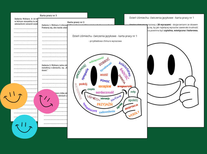 😊📚 Dzień Uśmiechu - Dzień Życzliwości – ĆWICZENIA ORTOGRAFICZNE I REDAKCYJNE ✍️ – Chmura wyrazowa – kreatywne zadania językowe dla uczniów – karty pracy – klasy 4-8 – ortografia