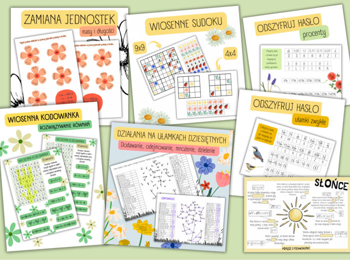 PAKIET materiałów - WIOSNA (ułamki dziesiętne/ ułamki zwykle/ jednostki masy i długości/ procenty/ sudoku/ równania/ potęgi/ pierwiastki / dzień ziemi)