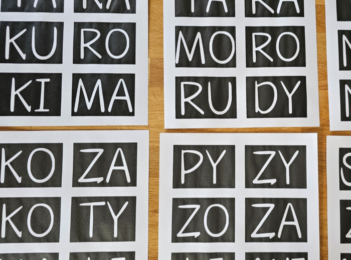 SYLABY OTWARTE - czarne tło, wyrazy dwusylabowe