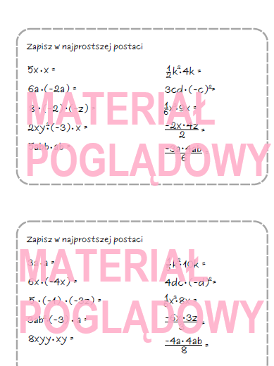 Szybkie karteczki – wyrażenia algebraiczne, sumy algebraiczne, jednomiany, redukcja wyrazów podobnych (karta pracy, kartkówka kl. 6, 7, 8)