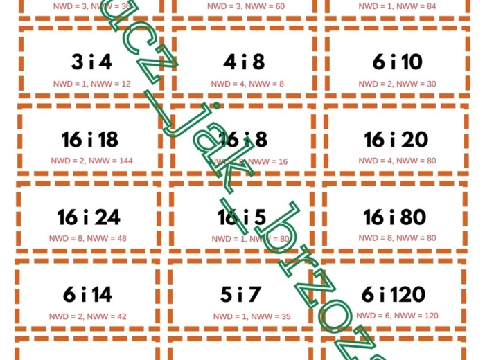 NWW i NWD, gra planszowa, wielokrotności i dzielniki, klasa 5