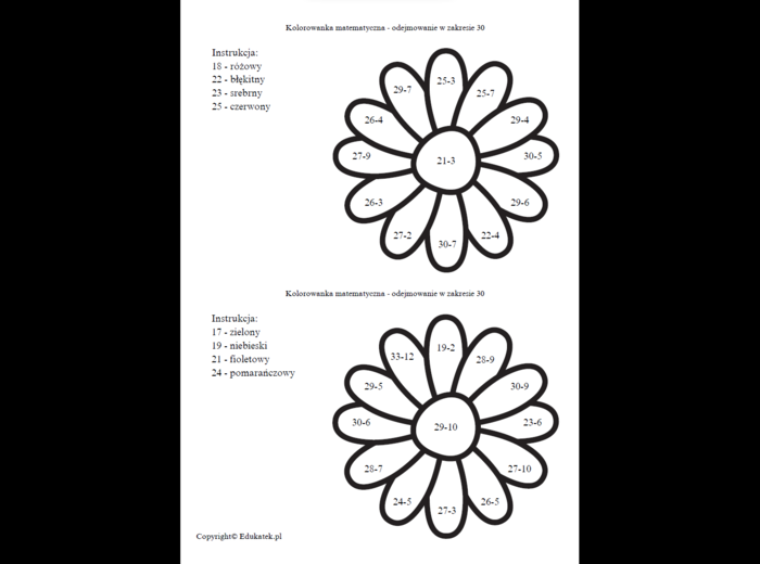 Kolorowanki matematyczne - doskonalenie dodawania i odejmowania