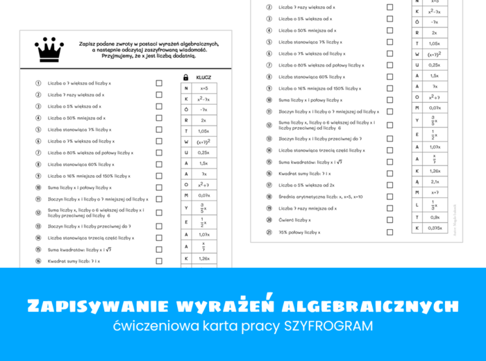 Matematyka. Klasa 8. Zapisywanie wyrażeń algebraicznych. Szyfrogram. Szkoła podstawowa.