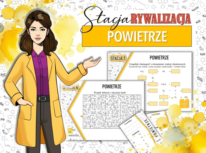 Stacja: RYWALIZACJA! Klasa 7. Chemia. Powietrze. Składniki powietrza. Gazy i tlenki. Gazy wokół nas. Powtórzenie wiadomości. Stacje zadaniowe. Praca grupowa. Zadanie. Gra dydaktyczna. MOC powtórki.