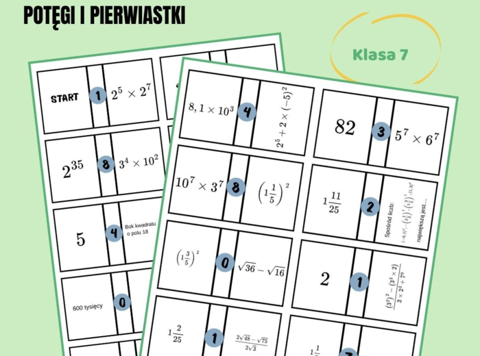 Potęgi i pierwiastki, powtórzenie wiadomości, domino, klasa 7