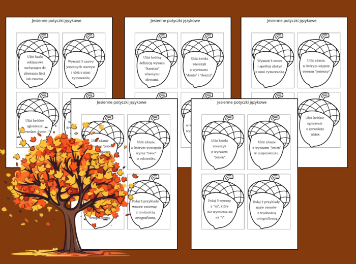 🍁Jesienne potyczki językowe 🍂 - ortografia - nauka o języku - jesień - fiszki - gra - 48 zadań