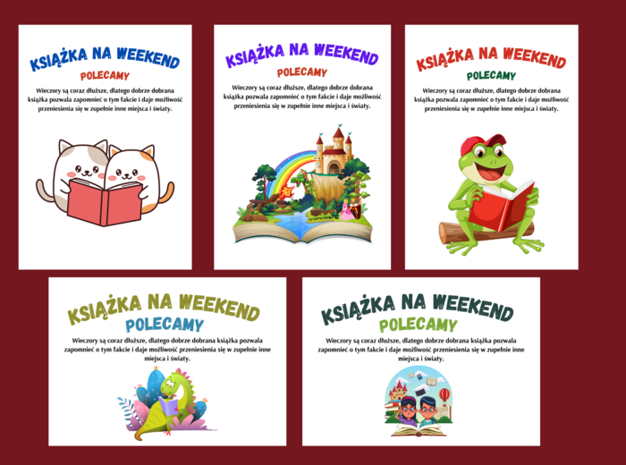KSIĄŻKA NA WEEKEND – plakat – BIBLIOTEKA – gazetka – napis - 7 wersji