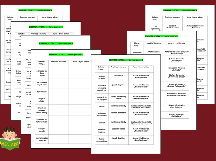 BOHATER, KTÓRY... - karty pracy - karta pracy - EGZAMIN - powtórka - lektury + ODPOWIEDZI
