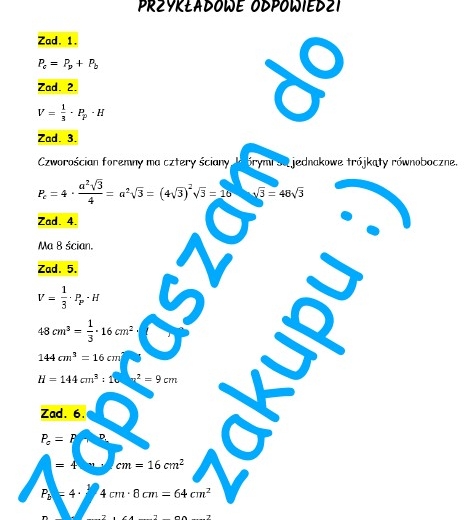 Pole powierzchni i objętość ostrosłupa - kartkówka, karta pracy