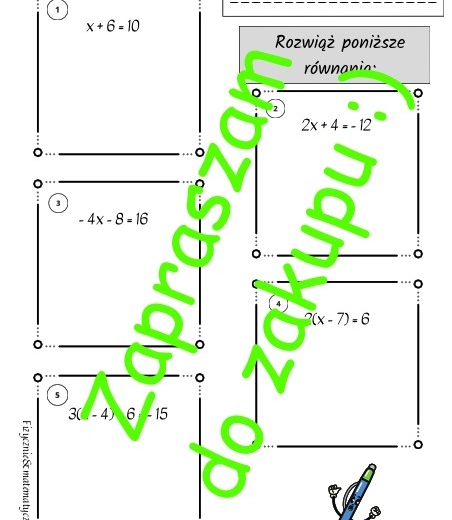 Równania pierwszego stopnia z jedną niewiadomą - karta pracy lub kartkówka z rozwiązaniami.