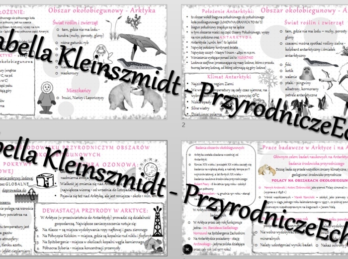 Zestaw sketchnotek – notatek do całego działu „Obszary okołobiegunowe” wykonanych w power point do edycji. Geografia 8
