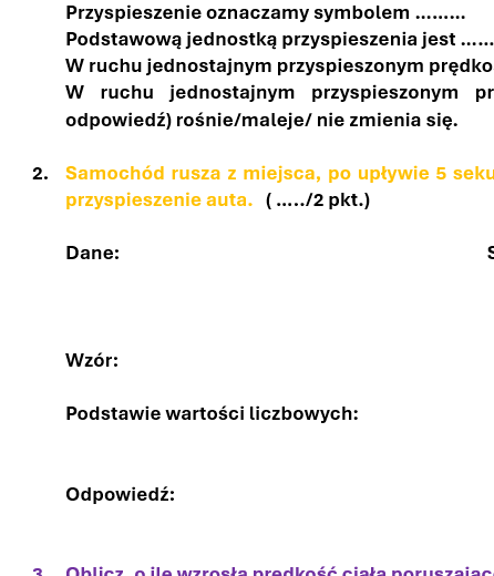 Kartkówka/ karta pracy RUCH JEDNOSTAJNY PRZYSPIESZONY