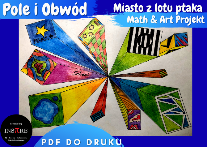 Miasto z lotu ptaka – Pole i Obwód - Math and art; Art Project. Matematyka + Sztuka - Projekt Perspektywa jednopunktowa.