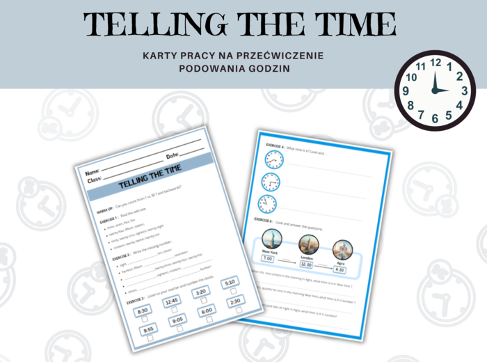 Telling the time - godziny po angielsku, podawanie czasu, karty pracy, ćwiczenia, zegar analogowy i cyfrowy, pełen zakres minutowy, czas na świecie, CLIL, liczby 1-30