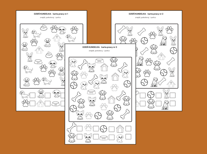 DZIEŃ KUNDELKA: znajdź, pokoloruj i policz – karta pracy – 3 wersje - biblioteka - świetlica - przedszkole