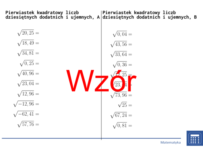 Pierwiastek kwadratowy liczb dziesiętnych dodatnich i ujemnych | matematyka | 26 kolumn