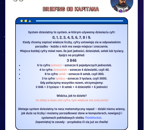 System dziesiętny w kosmicznej przygodzie (klasy 1–4) | Przetestuj styl ThinkRocket