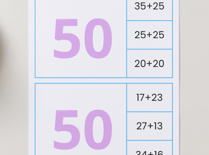Obliczenia do 50 – dodawanie i odejmowanie (karty z klamerkami)