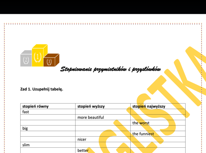 Stopniowanie przymiotników i przysłówków+ ćwiczenia+ lista nieregularnych+ klucz EGZAMIN ÓSMOKLASISTY SZYBKA POWTÓRKA