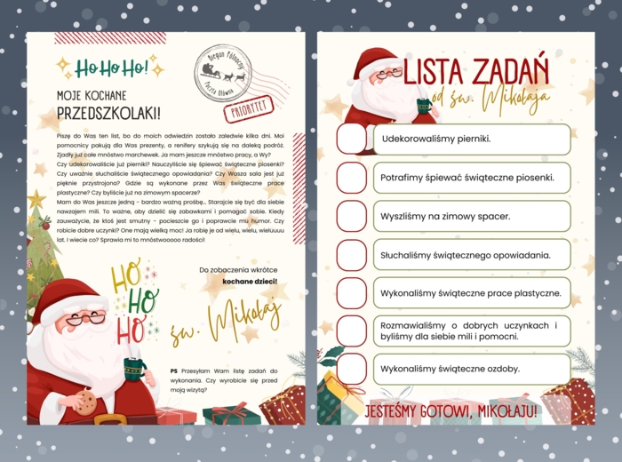 List od Świętego Mikołaja + Lista zadań dla Przedszkolaków