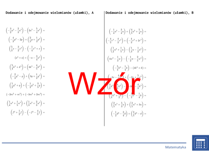Dodawanie i odejmowanie wielomianów (ułamki) | matematyka, algebra | 26 kolumn