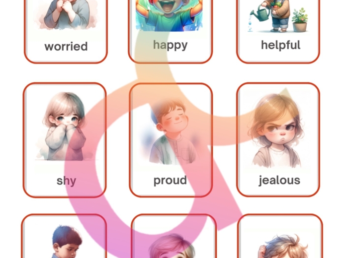 Angielski - Emotions - 2 rodzaje słownika obrazkowego, indywidualne karty BINGO, 4 ćwiczenia