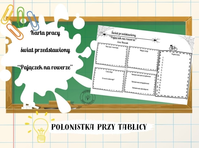"Pajączek na rowerze" - świat przedstawiony - karta pracy - bez rozwiązań