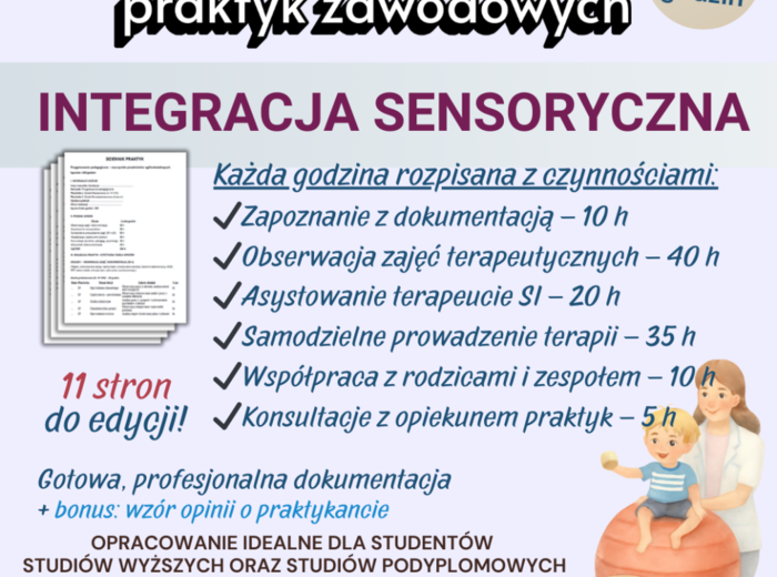 DZIENNIK PRAKTYK – INTEGRACJA SENSORYCZNA (SI) 120 GODZIN – KOMPLETNA DOKUMENTACJA